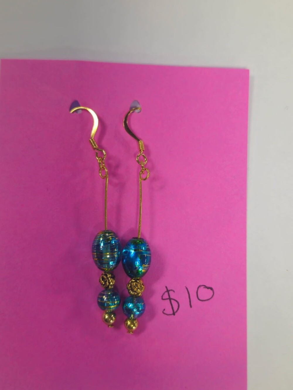 Gold-Tone Blue Glass Bead Drop Earrings